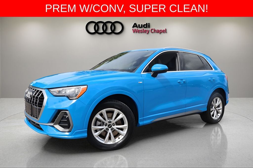 2022 Audi Q3 Premium S Line quattro in Turbo Blue — front three-quarter view