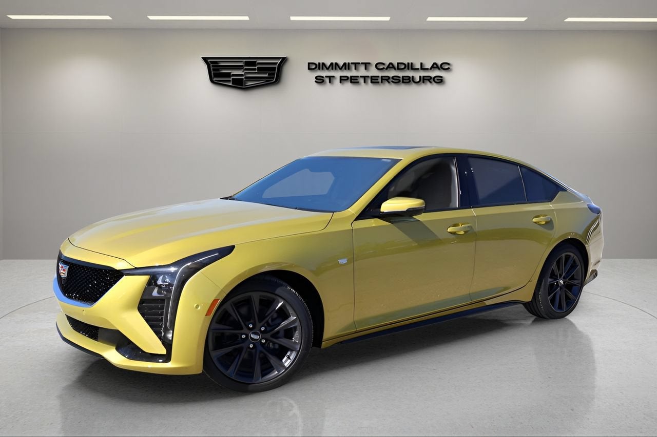 2026 Cadillac CT5 Sport in Cyber Yellow Metallic — front three-quarter view
