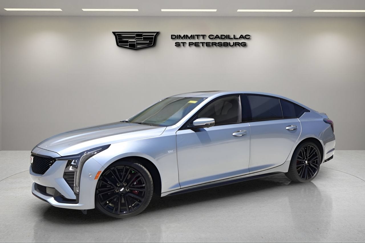 2026 Cadillac CT5 Sport in Argent Silver Metallic — front three-quarter view